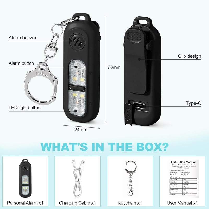 cjc Rechargeable Personal Safety Alarm for Women,130DB Self Defense Keychain Alarms with Strobe Light & LED Flashlight, Bear Alarm Deterrent, Clip-On Emergency Safety Siren for Night Runners Kid, Black - Image 2